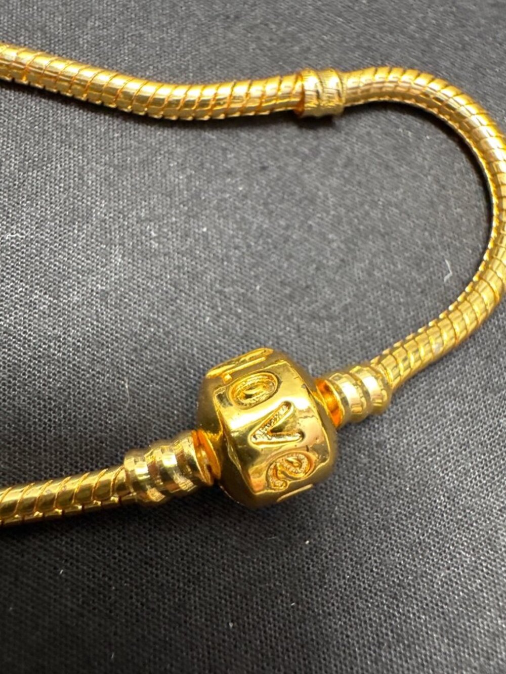 925 LOVE Gold Tone Snake Chain Bracelet With "Love" Charm & Secure Clasp Measure